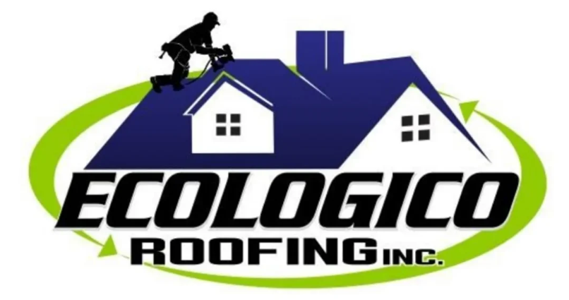 Ecologico Roofing logo with house roofs, green arrows, and a worker on a roof