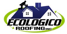 Ecológico Roofing Inc. logo with blue house roofs, a climber silhouette, and green circular arrows