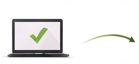 Laptop screen with green checkmark and a curved green arrow pointing right