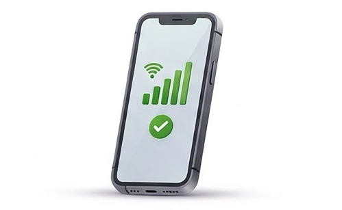 Stackrite - Smartphone with green signal bars, Wi‑Fi icon, and a checkmark on a white background