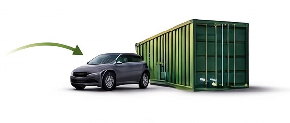 Stackright - Gray car beside a green shipping container with an arrow pointing toward the container