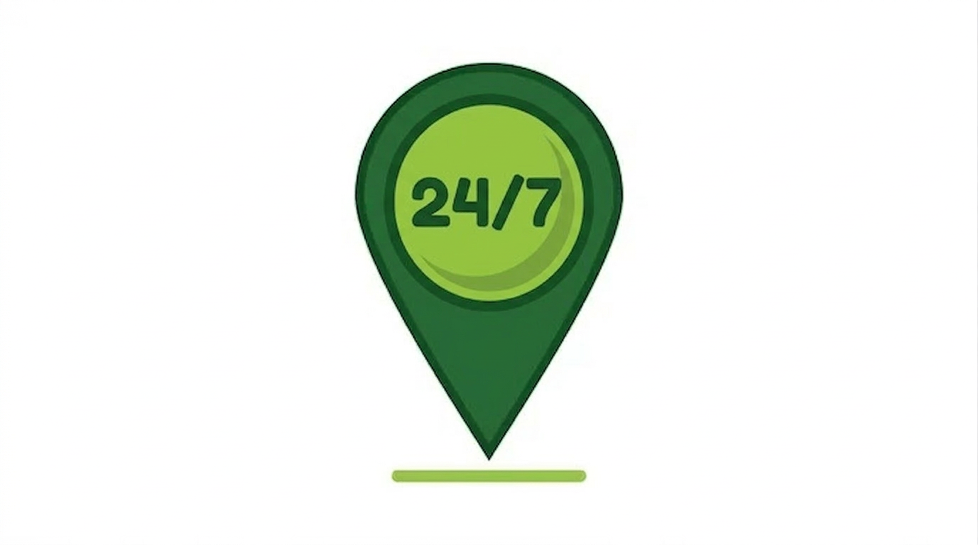 Green map pin with “24/7” inside and a small line underneath.