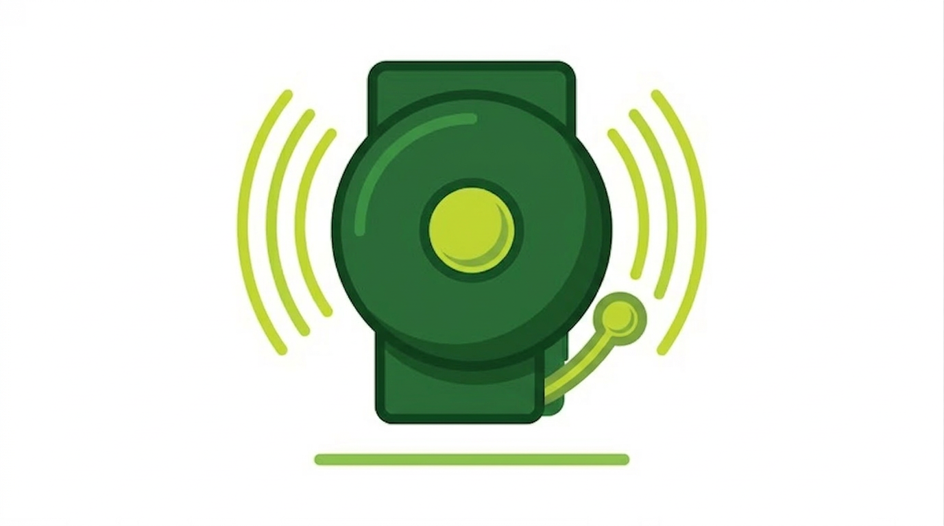 Green loudspeaker icon with yellow sound waves and a small microphone-like dot on a white background