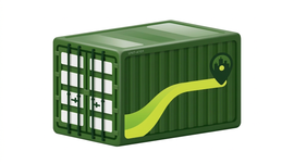 Green shipping container icon with a yellow swoosh and circular emblem on the side