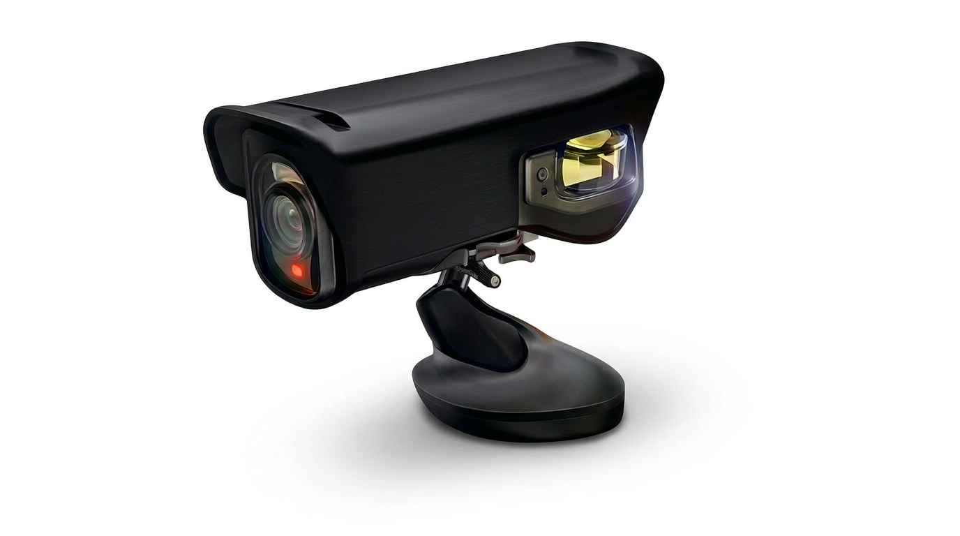 Black surveillance camera on a swivel mount, isolated on white background
