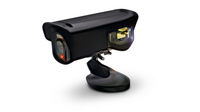 Black surveillance camera on a swivel mount, isolated on white background