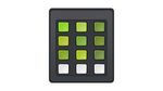 Black keypad with 12 square buttons, mostly green and yellow, and three white buttons on the bottom row