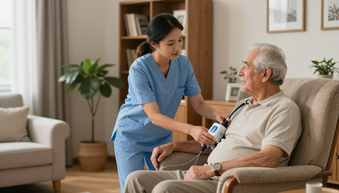 Nurse in blue uniform checking an elderly man’s blood pressure in a living room