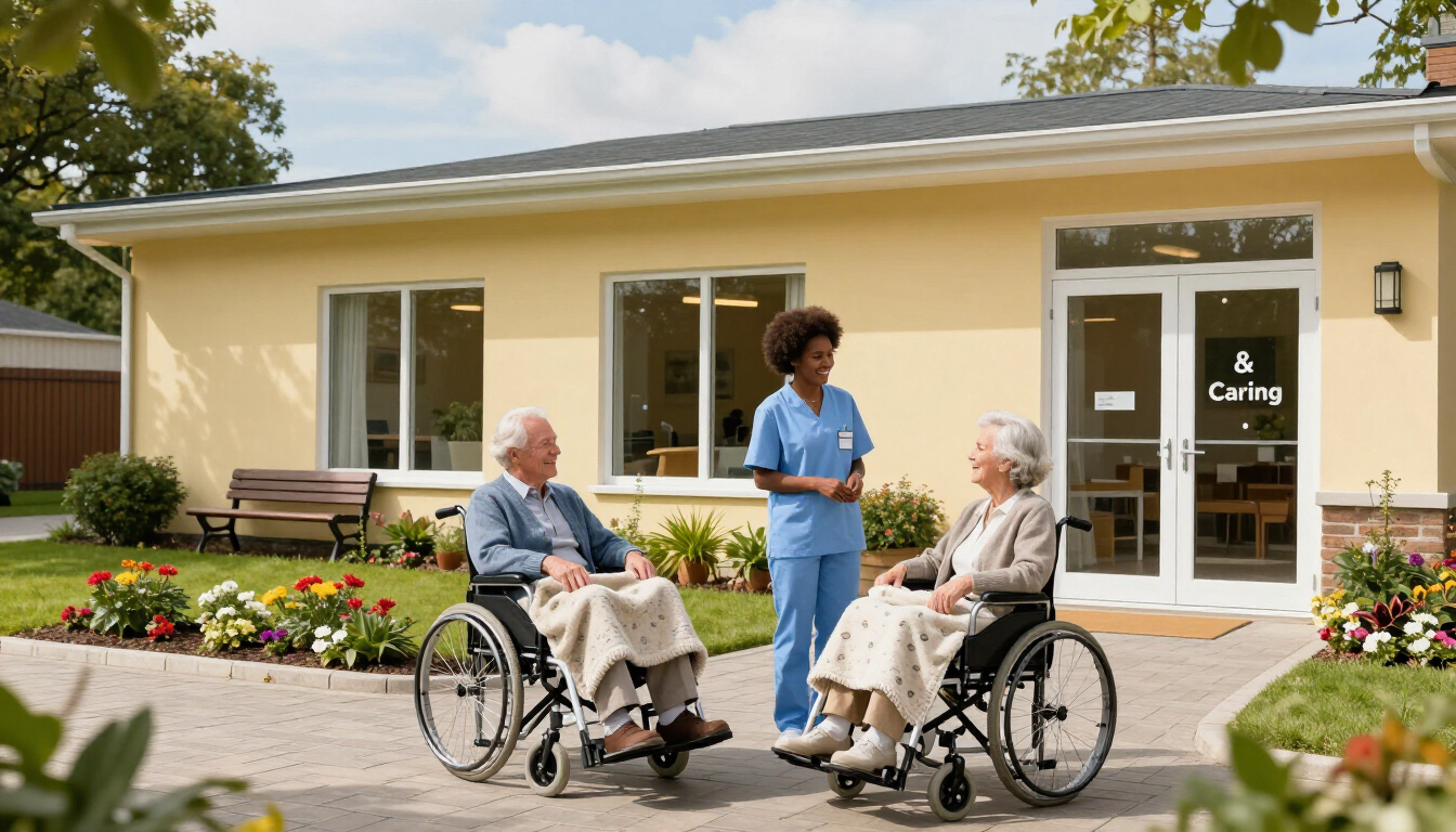 Two wheelchair users and a caregiver outside a yellow building with a glass door.