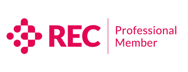 REC Professional Member logo in pink and red text on a white background