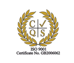 Gold laurel wreath logo with C/Q/S initials and “ISO 9001 Certificate No. GB2006062” text
