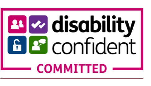 Disability confident logo with pink, blue and green icons and the word “COMMITTED” underneath
