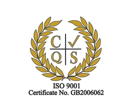 ISO 9001 certification logo with gold laurel wreath and CQS initials, certificate No. GB2006062