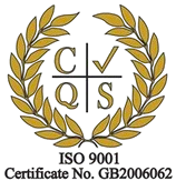Gold laurel wreath logo with C/Q/S initials and “ISO 9001 Certificate No. GB2006062” text