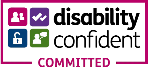 Disability Confident badge with colored icons and the word “COMMITTED” in magenta.