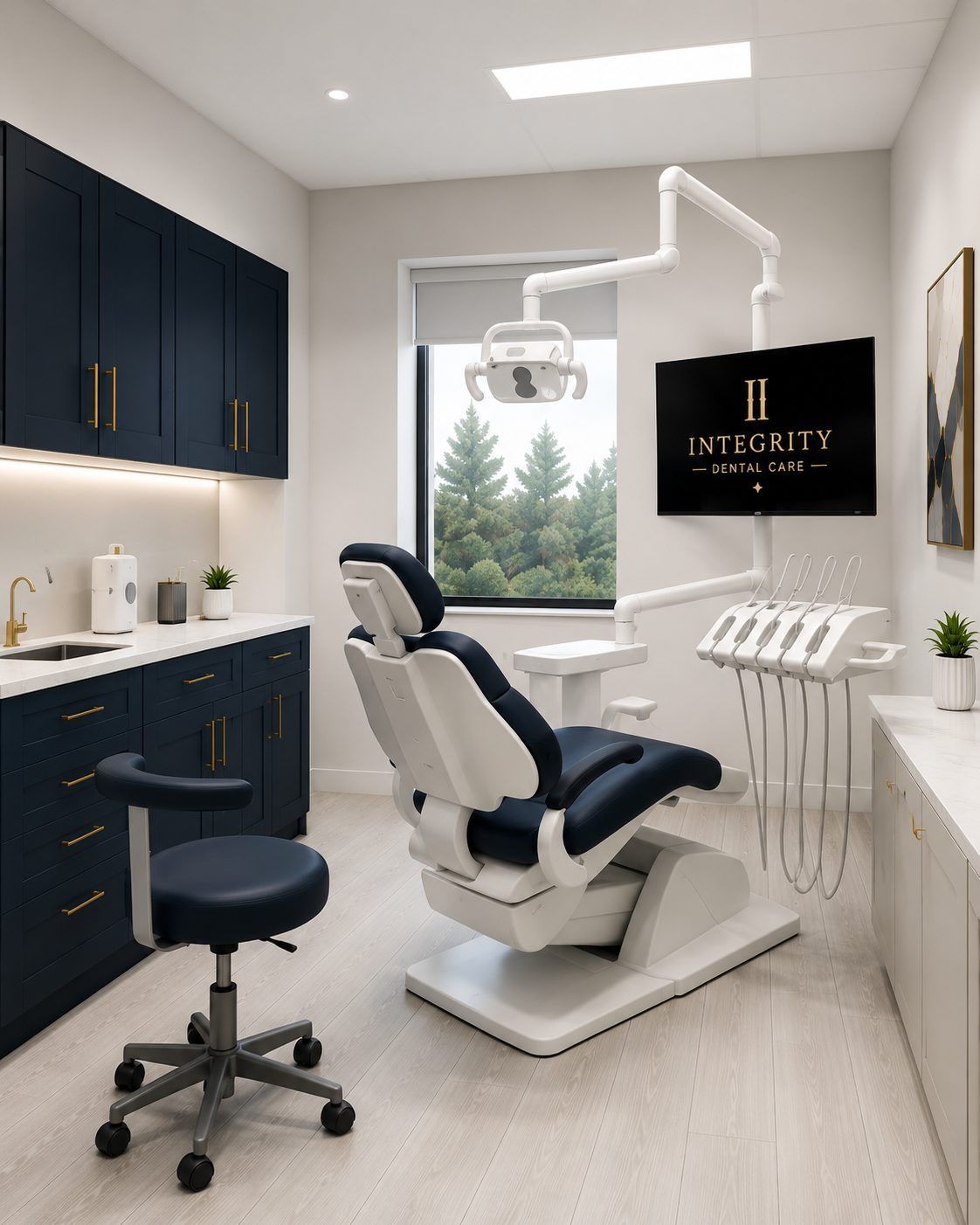 Modern dental exam room with blue cabinets, reclining chair, overhead light, and X-ray equipment.