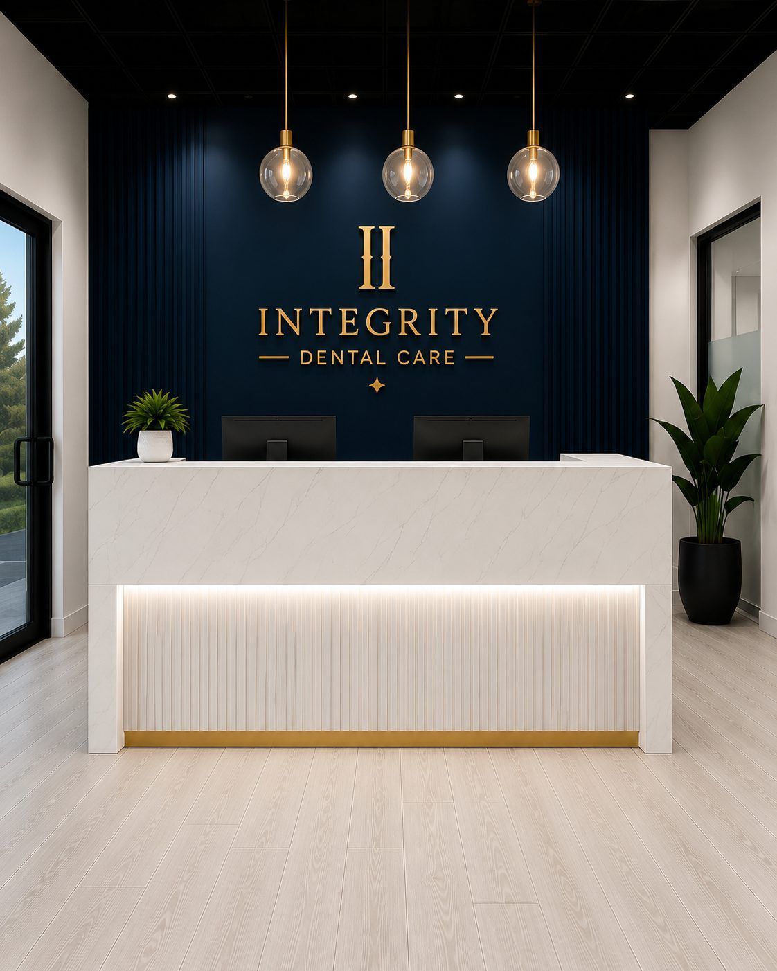 Modern reception desk in a sleek lobby with dark blue wall, gold logo, and hanging pendant lights.