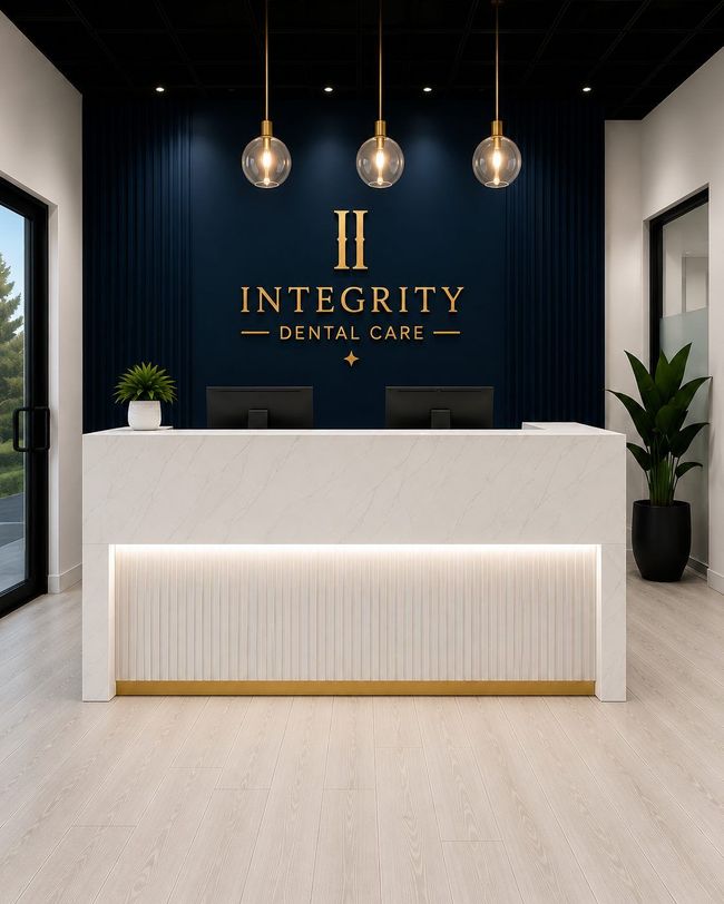 Modern reception desk in a sleek lobby with dark blue wall, gold logo, and hanging pendant lights.