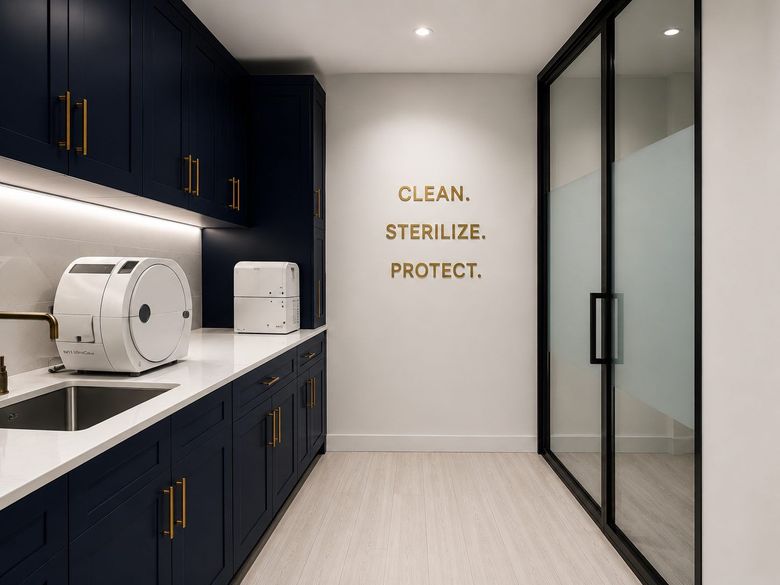 Modern cleanroom with navy cabinets, white counters, glass doors, and wall text reading “Clean. Sterilize. Protect.”