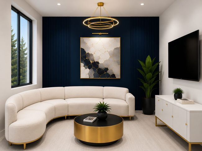 Modern living room with curved white sofa, black accent wall, gold coffee table, and wall art