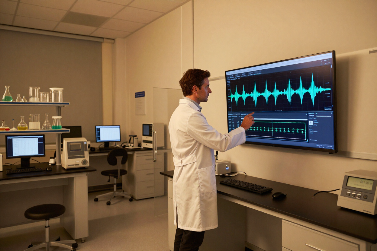 Researcher studying biometric waveform data in a modern laboratory