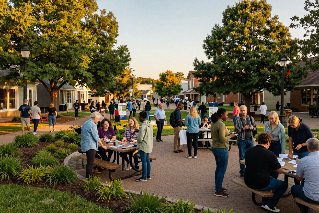 Diverse community members collaborating in a town square