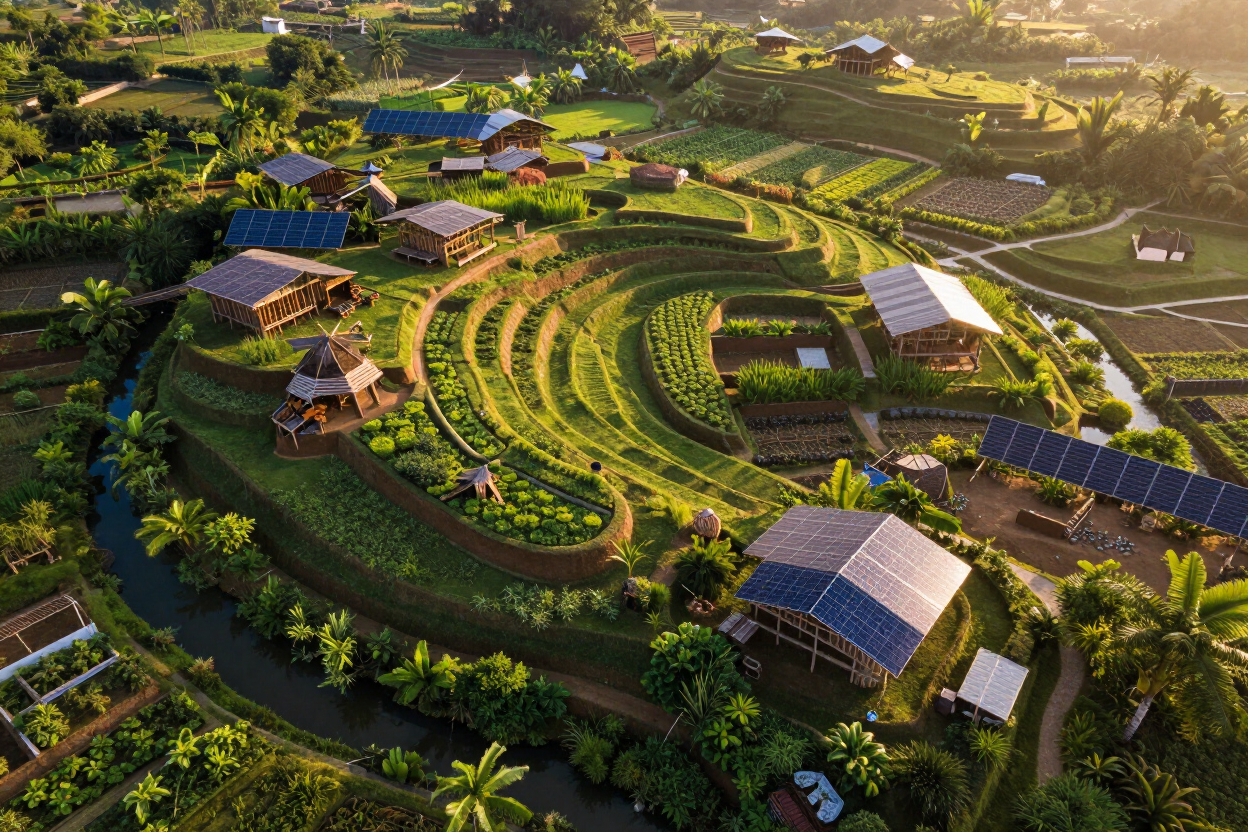 Off-grid permaculture community land parcel with productive terraces and solar integration in golden-hour light