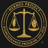 Gold Hermes Project emblem with scales, feather, heart, and circular text on a black background