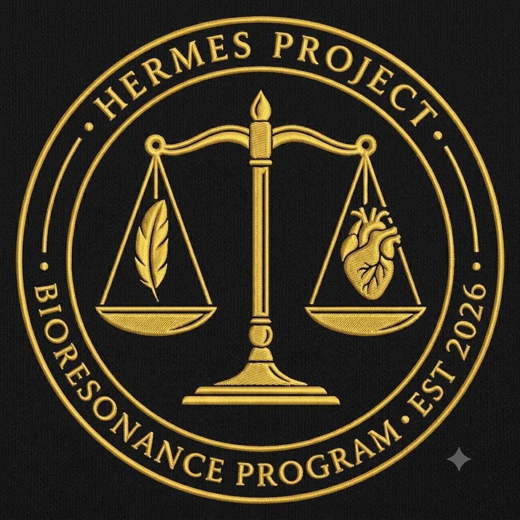 Gold Hermes Project emblem with scales, feather, heart, and circular text on a black background