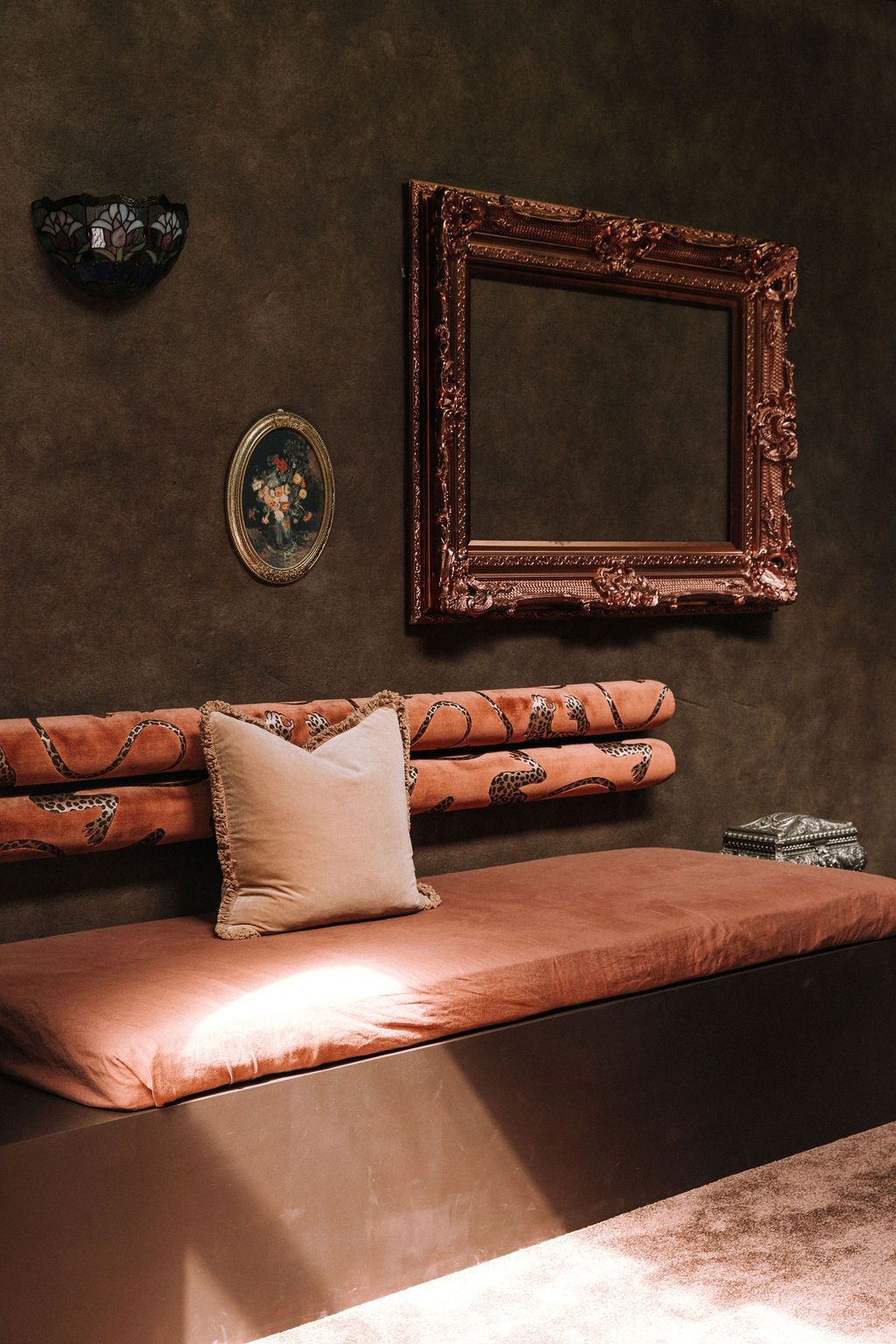Back rest upholstered in Catherine Martin x Mokum Panthera fabric and cushion