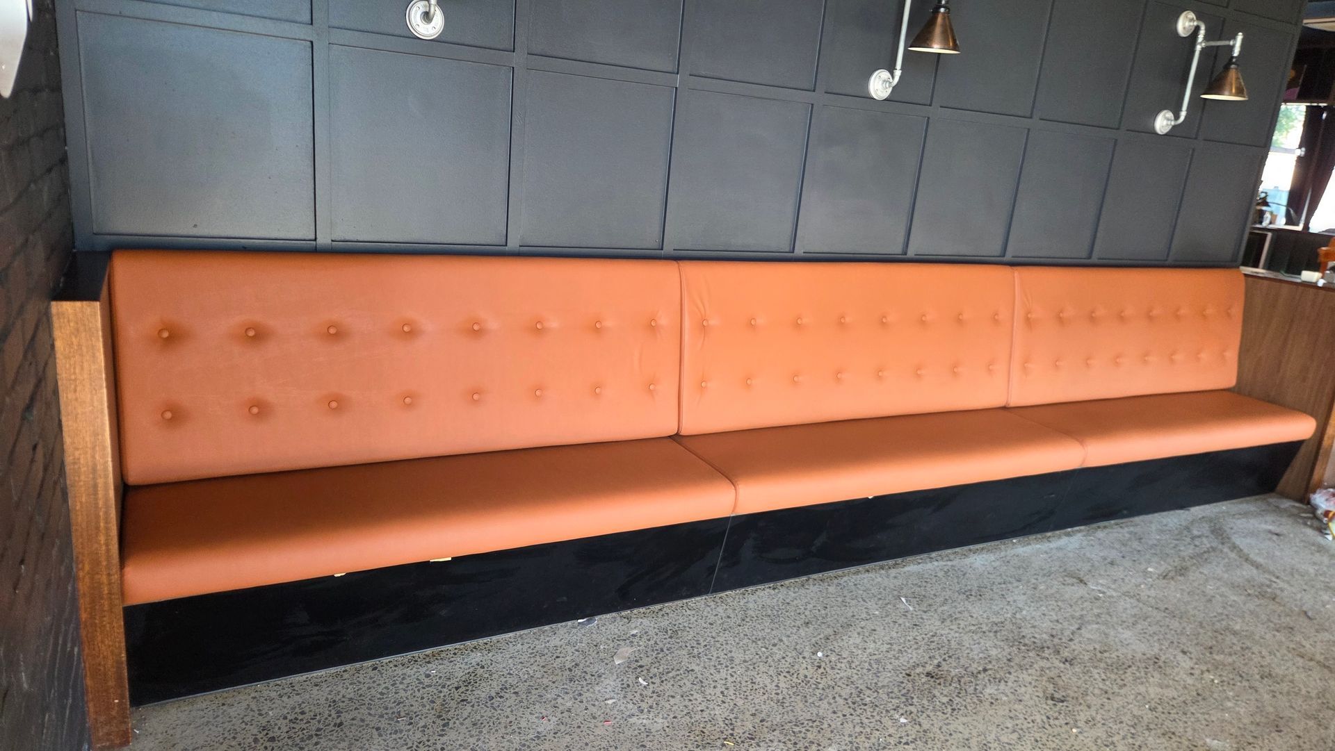 Burger Urge bench seating in Austex Harper Nutmeg vinyl