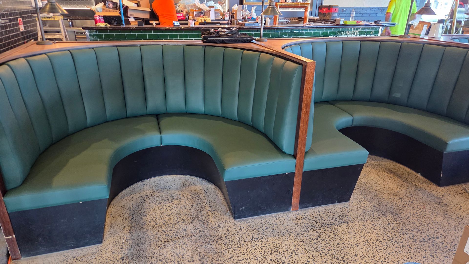 Burger Urge booth seating in Austex Harper Ivy vinyl