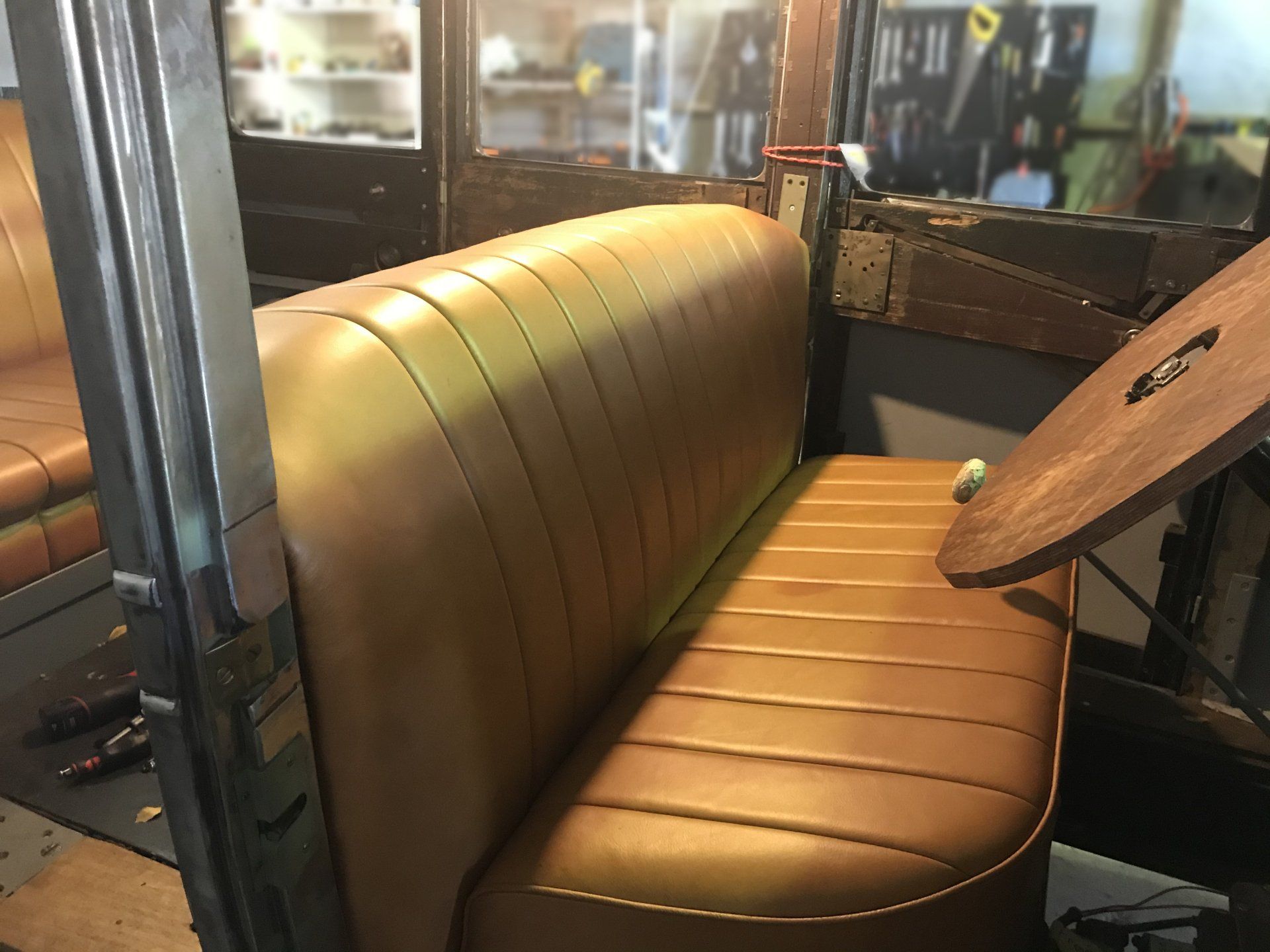 1927 Packard tan leather bench seat front