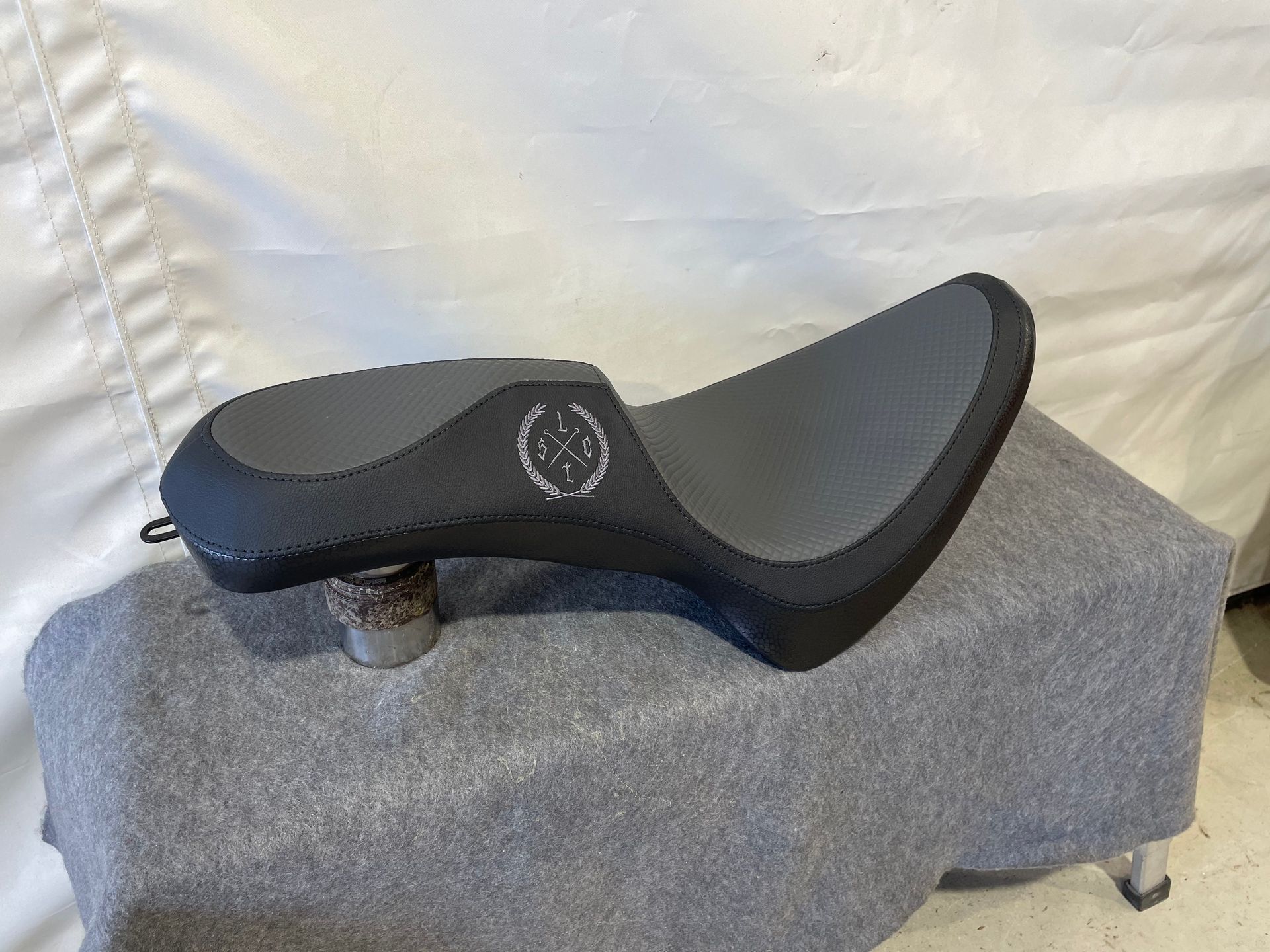 Custom motorbike seat black with grey microcheck vinyl