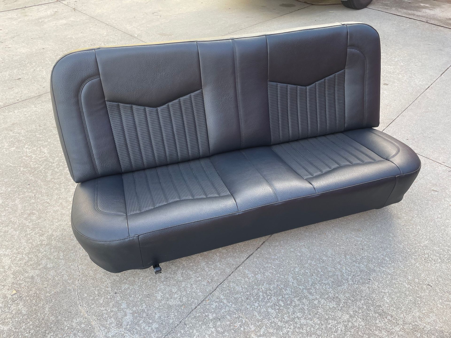 F100 custom designed bench seat in black automotive vinyl with basket weave inserts