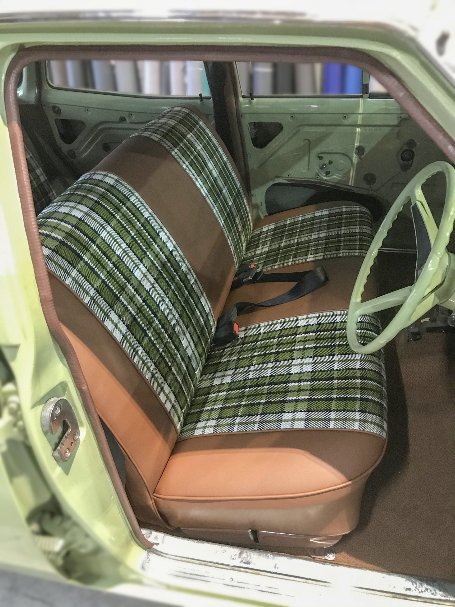 HT Holden Kingswood wagon brown vinyl with green tartan inserts bench seat