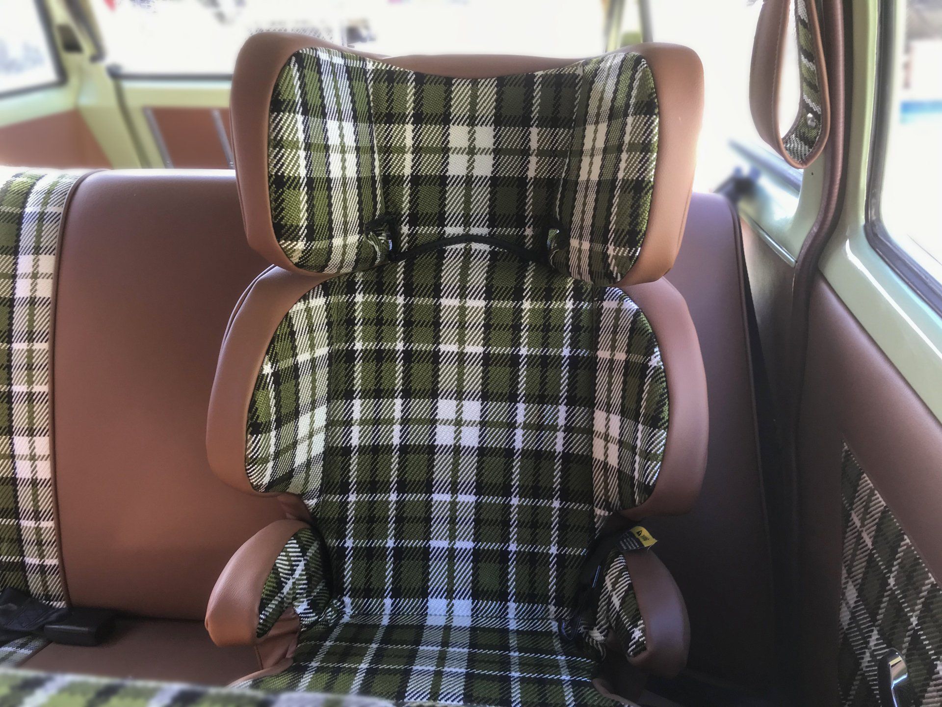 HT Holden Kingswood wagon brown vinyl with green tartan matching child booster seat