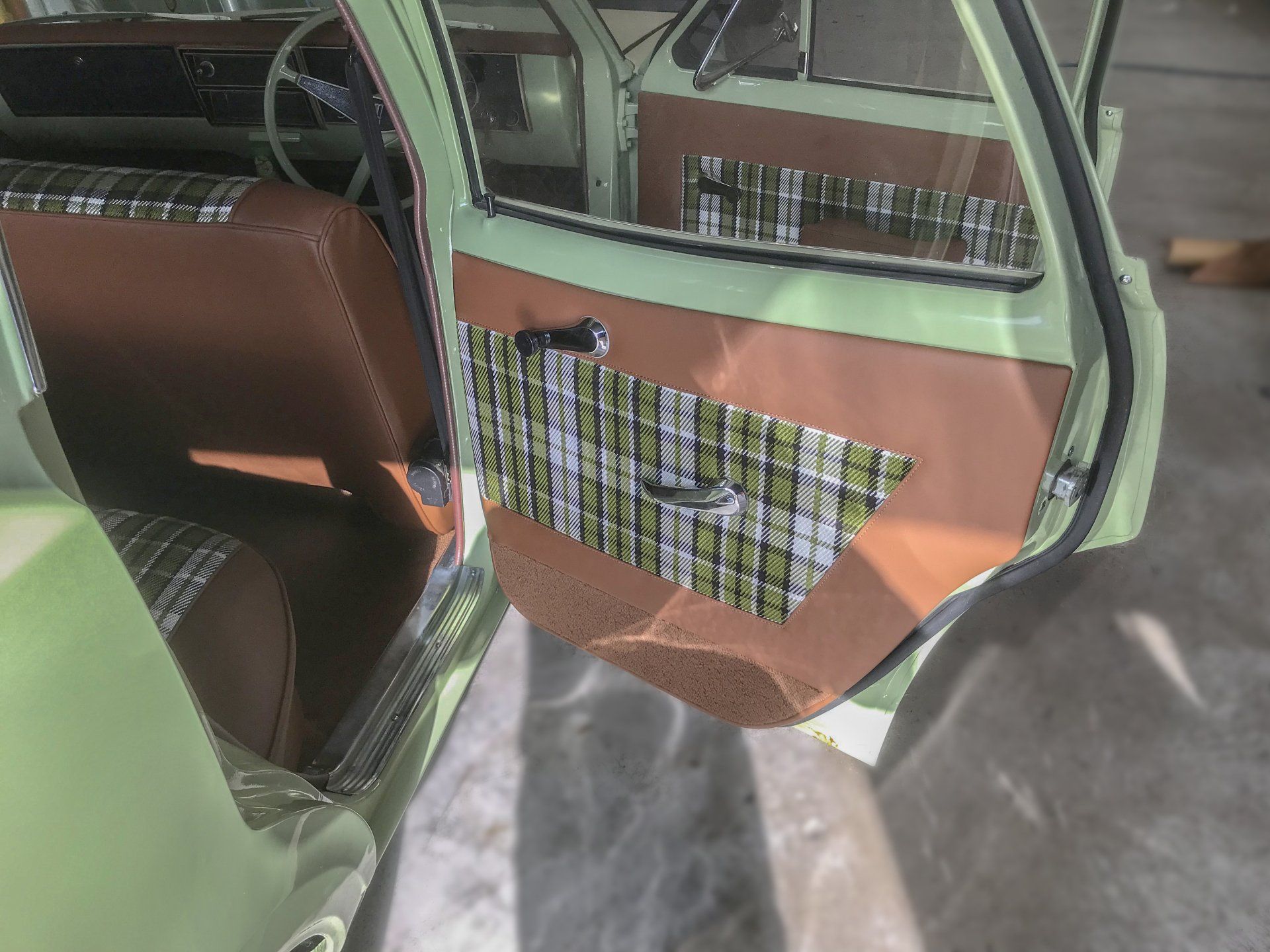 HT Holden Kingswood wagon brown vinyl with green tartan rear door trim