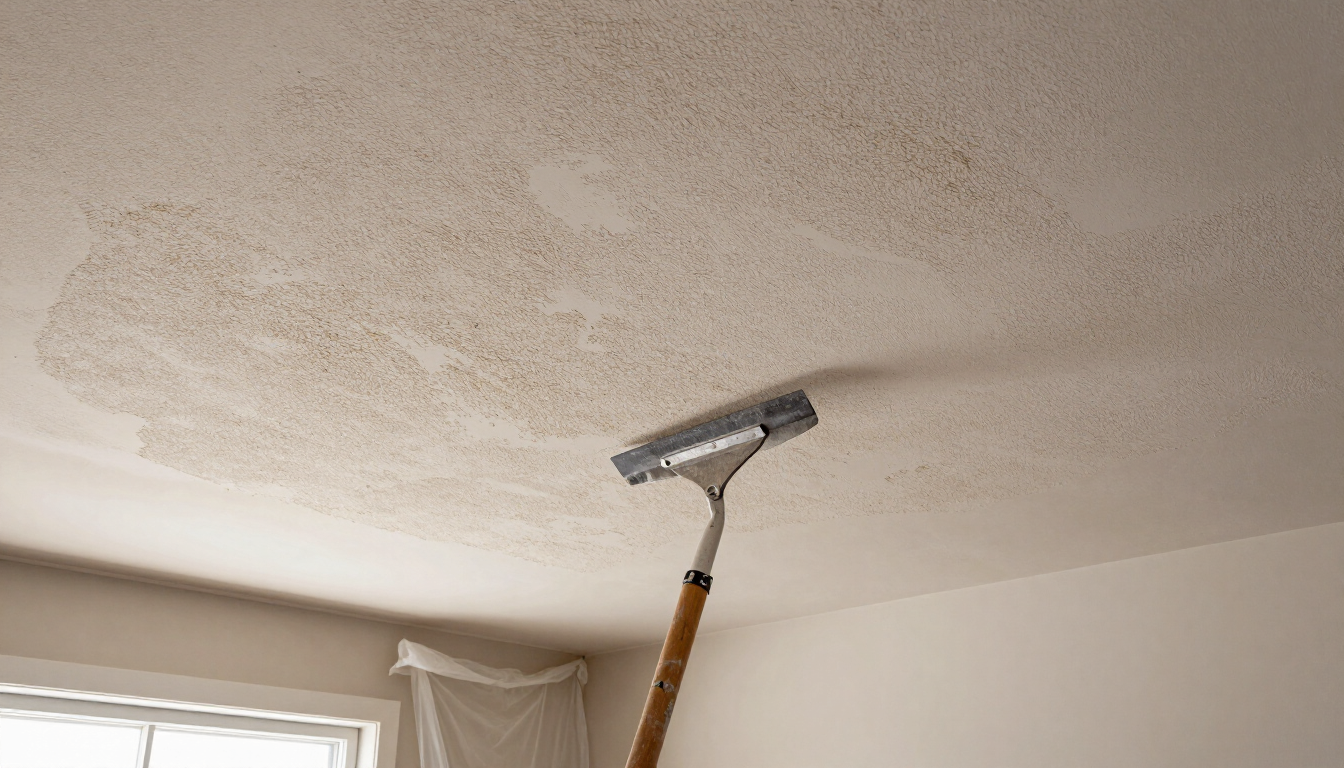 Paint roller cleaning a stained white ceiling near a window