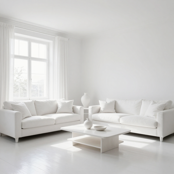 Bright white living room with two sofas, a coffee table, and large window with sheer curtains