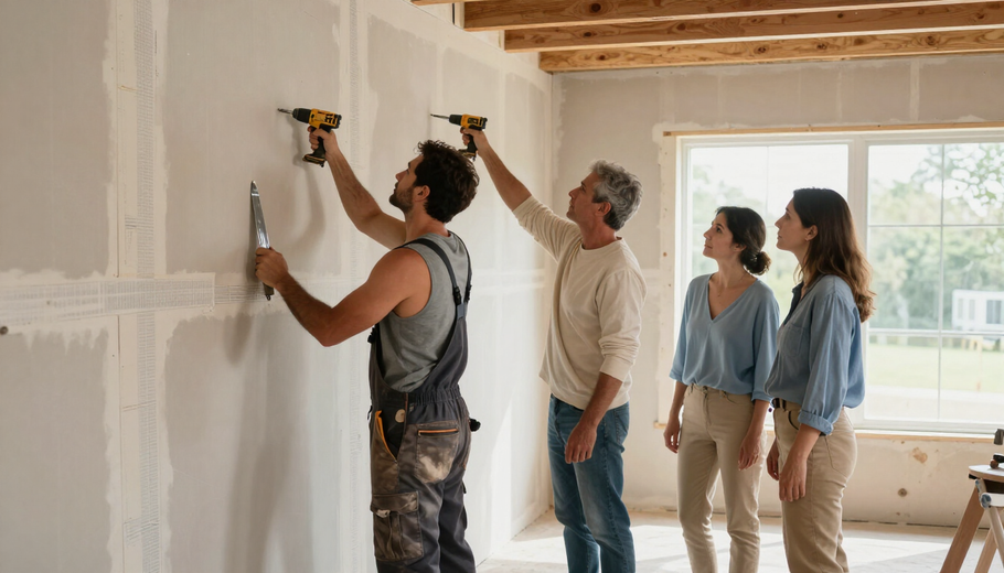 People painting a room, with one using a roller and two others watching near a bright window.