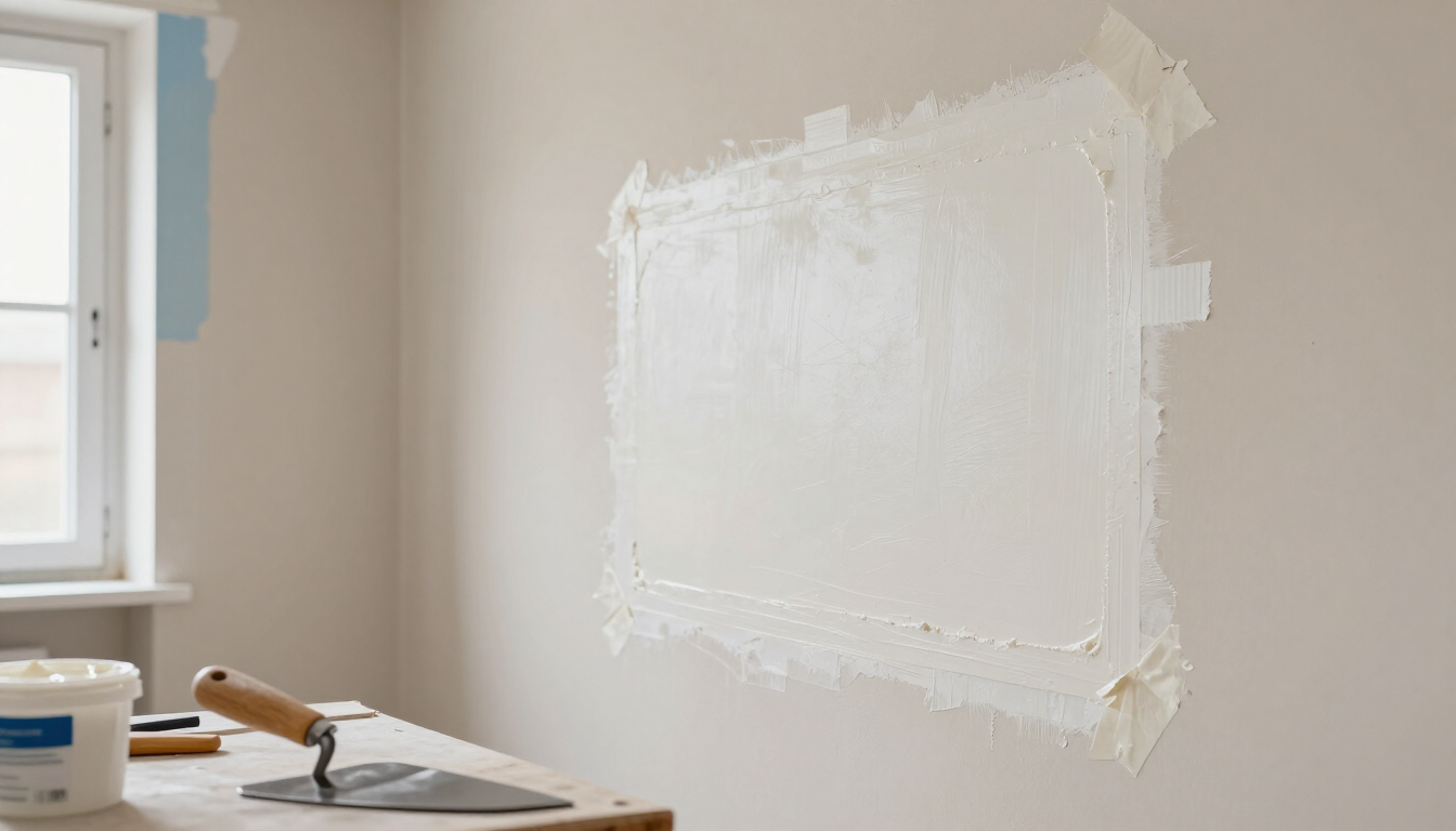 A wall with a white paint sample patch beside a window, with painting supplies on a table in the foreground