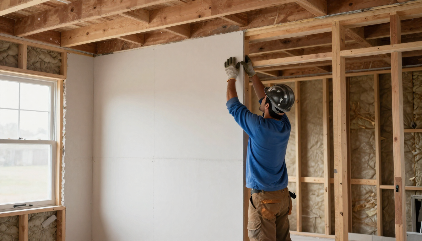 Worker plastering a white wall inside an unfinished room with exposed wooden framing.