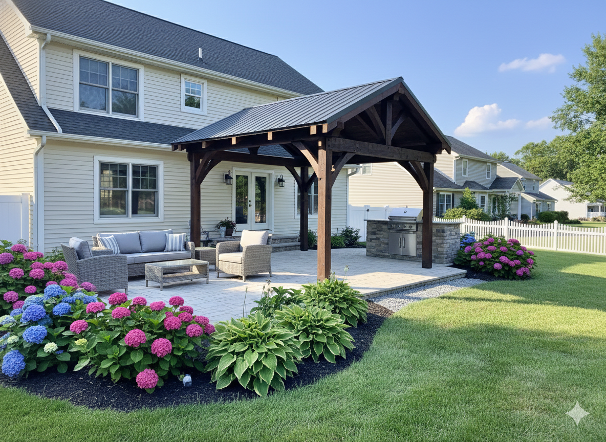 A modern backyard patio with a wooden pergola by Central Timber Frame Supply available for wholesale across the United States