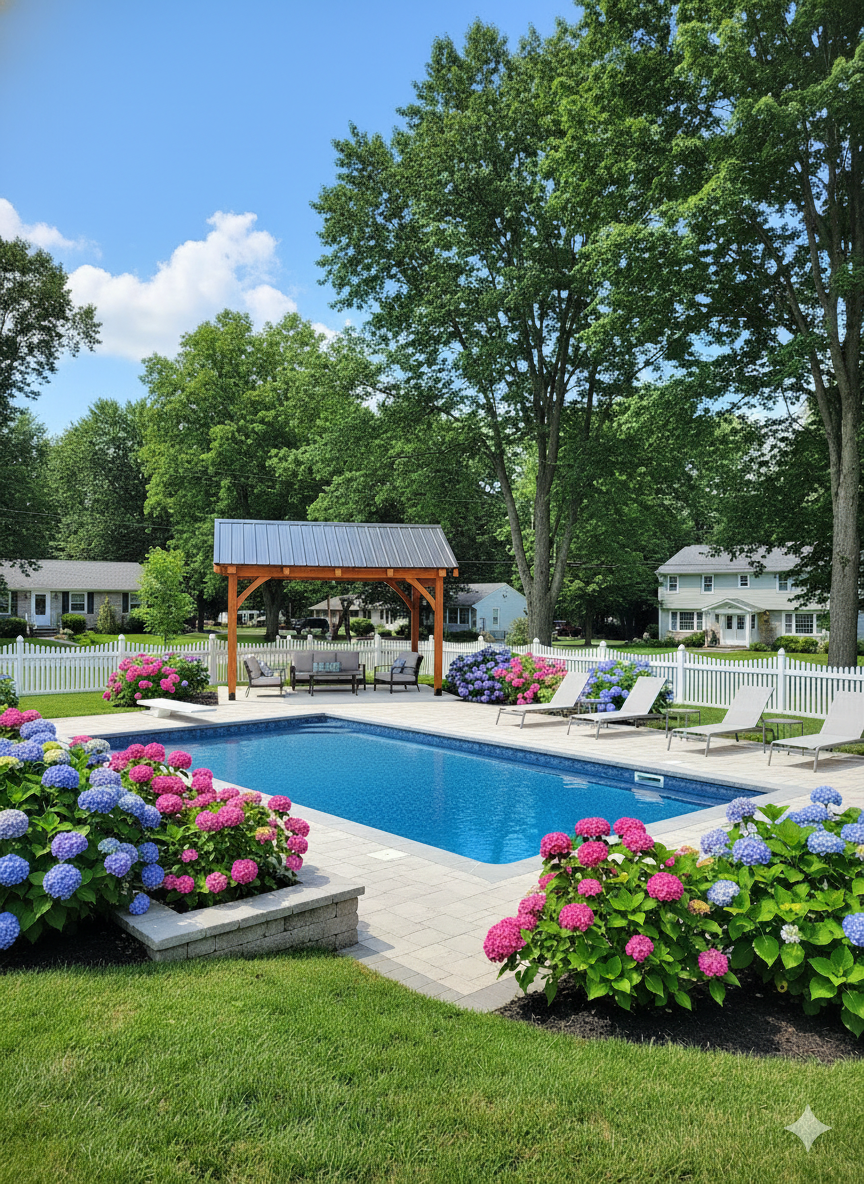 A swimming pool with a gazebo, by Central Timber Frame Supply available for wholesale across the United States
