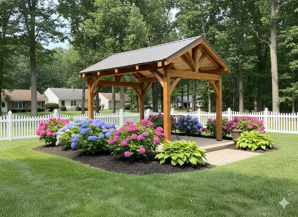 A wooden gazebo by Central Timber Frame Supply available for wholesale across the United States with a dark metal roof 