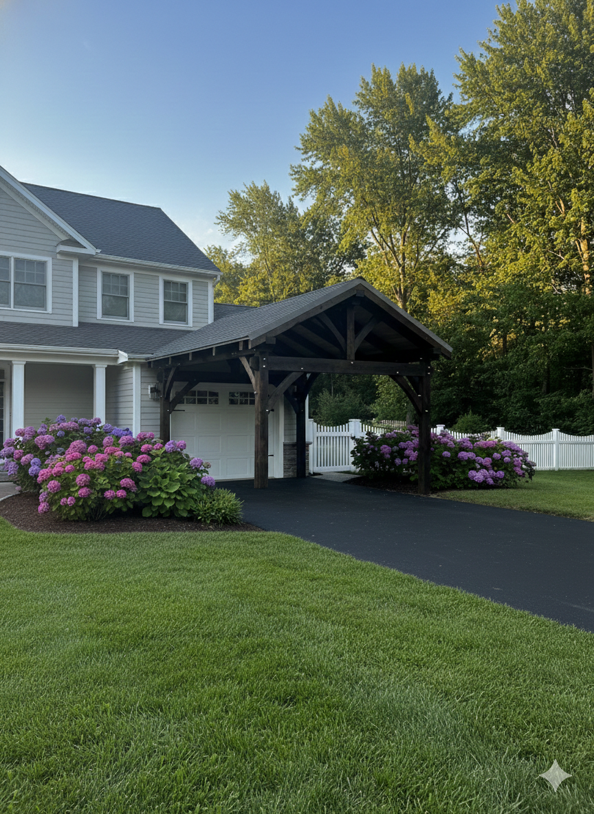 A light-gray suburban home with a dark timber-framed porte-cochère built by Central Timber Frame Supply - PA for New Jersey. 