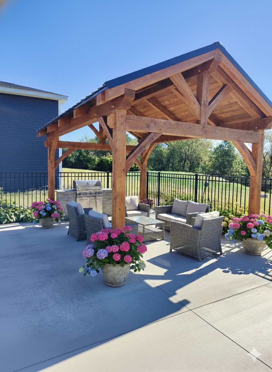 A wooden patio pavilion by Central Timber Frame Supply available for wholesale across the United States