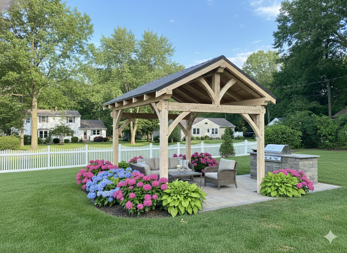A wooden pergola over a patio with outdoor seating. Pergola by CTFS PA