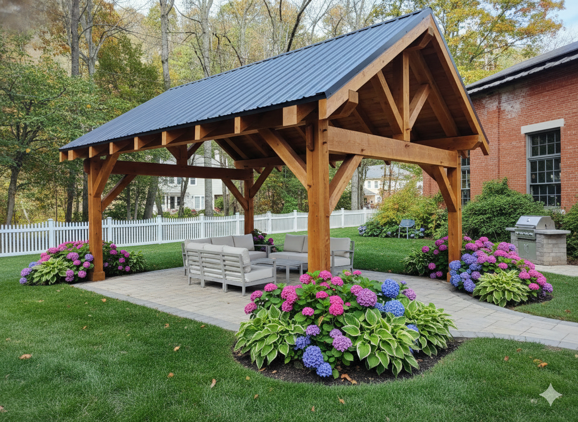 A timber-frame gazebo with a dark roof sits on a brick patio, surrounded by colorful hydrangea bushes in a garden.